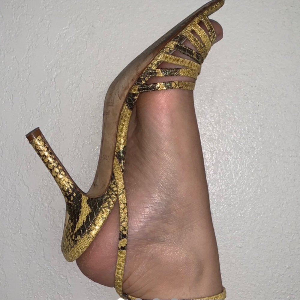 yellow snake print knot detail Kate Spade heels